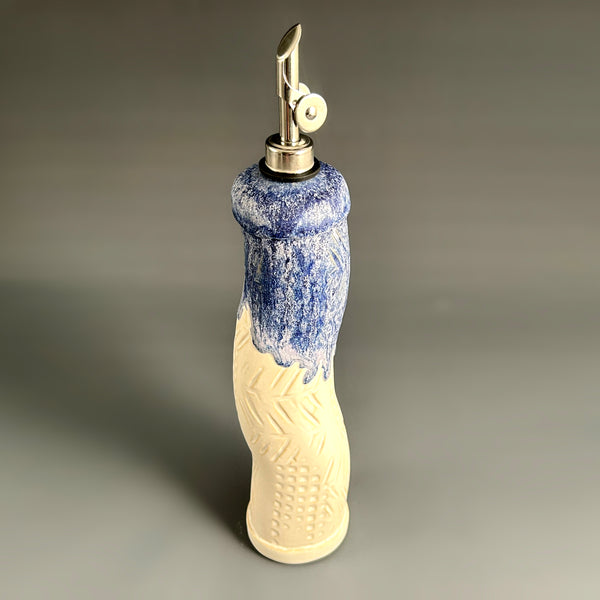 Indigo and white handmade stoneware olive oil cruet with curved pour spout, ceramic oil dispenser by Macone Clay, artisan kitchen accessory