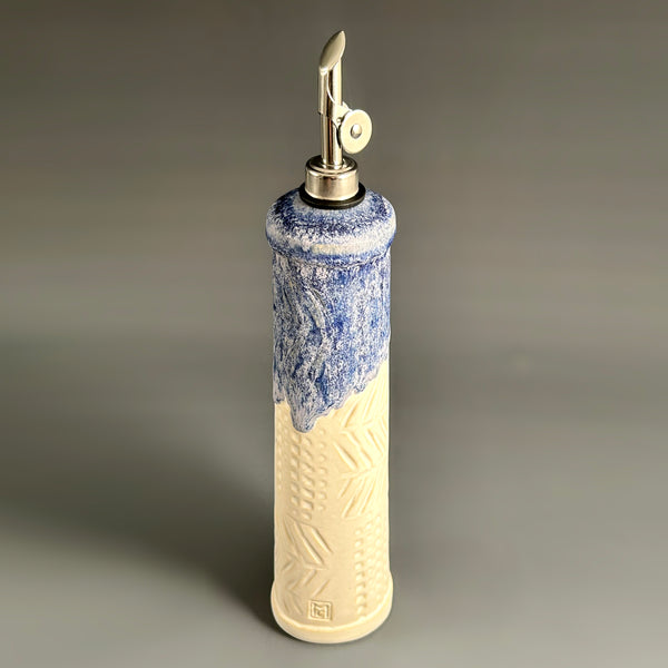 Indigo and white handmade stoneware olive oil cruet with straight pour spout, ceramic oil dispenser by Macone Clay, unique kitchen accessory