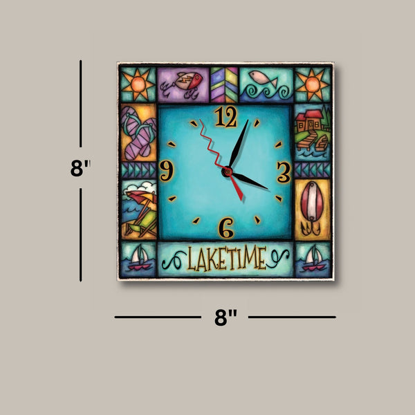 Laketime lake house square wood wall clock dimensions, 8 x 8 inches