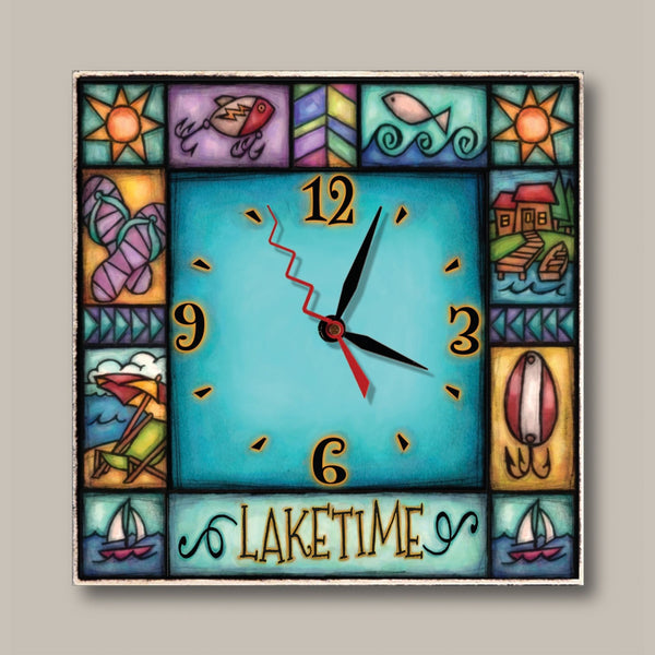 Laketime lake house square wood wall clock by Michael Macone with the quote Laketime, a turquoise face, and a border of sailboats, fishing lures, suns, and a lake cabin