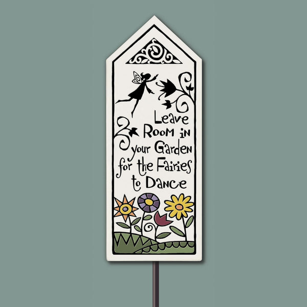 Leave Room in Your Garden for the Fairies to Dance quote fairy garden stake sign with whimsical fairy and flowers ceramic garden decor by Spooner Creek