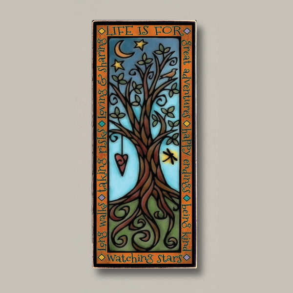 Life is for inspirational wood sign with quote about adventures kindness and watching stars, stained glass inspired tree moon and stars artwork by Michael Macone handmade in Shell Lake Wisconsin