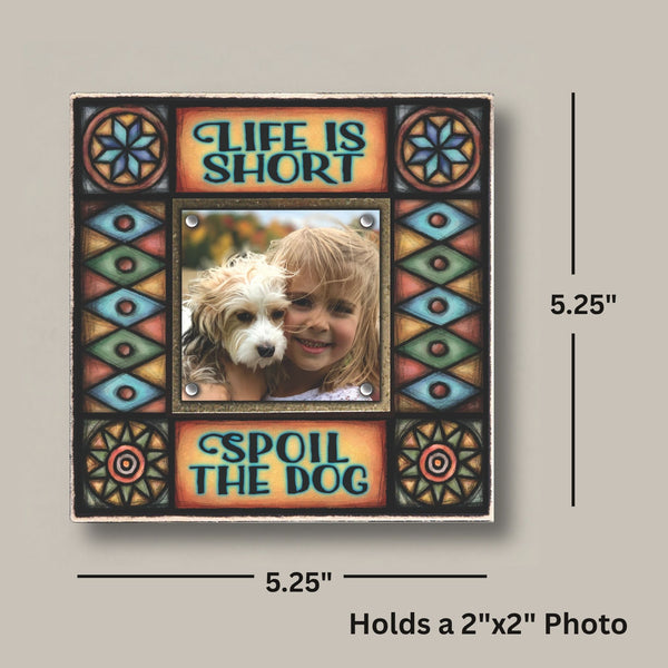 Dog lover picture frame dimensions showing 5.25 x 5.25 size with 2x2 photo opening, small gift frame for dog lovers and pet owners