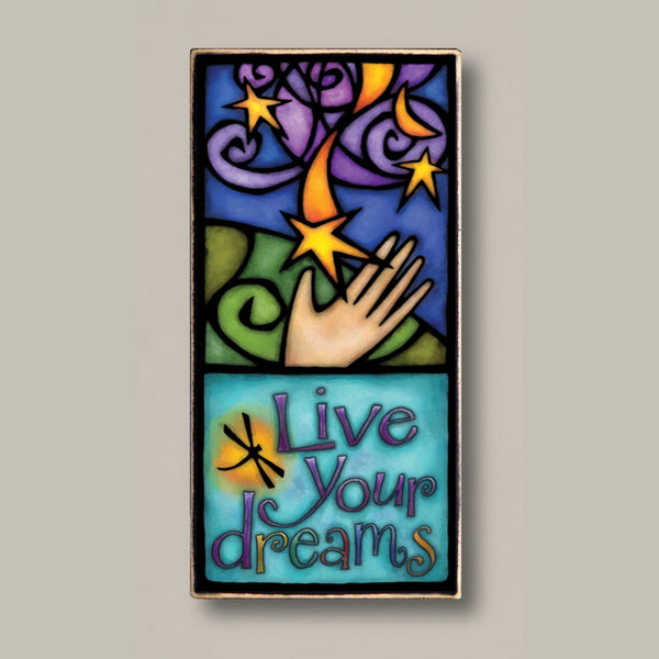 Live your dreams wood quote plaque with stained glass inspired hand reaching for stars artwork by Michael Macone handmade in Shell Lake Wisconsin