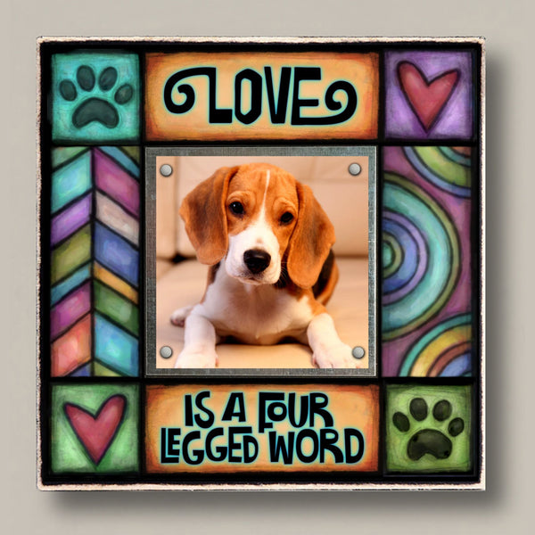 Dog lover picture frame with Love is a four legged word quote and colorful artwork, small 2x2 photo display, meaningful gift for dog or pet lovers