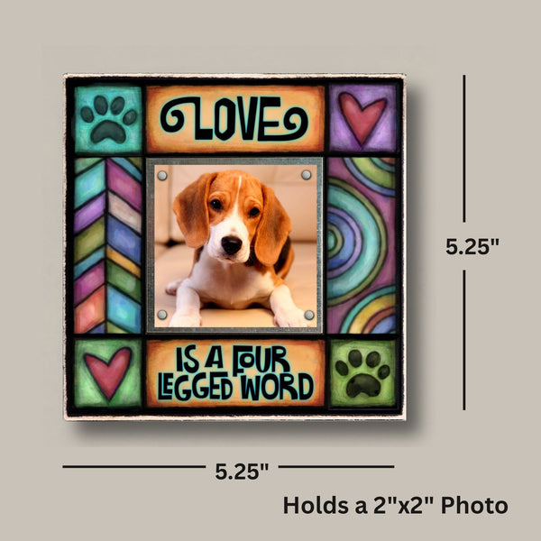 Dog lover picture frame dimensions showing 5.25 x 5.25 size with 2x2 photo opening, small gift frame for pet lovers