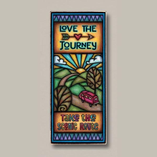 Love the journey take the scenic route wood quote plaque with stained glass inspired camper van and sunrise artwork by Michael Macone handmade in Shell Lake Wisconsin