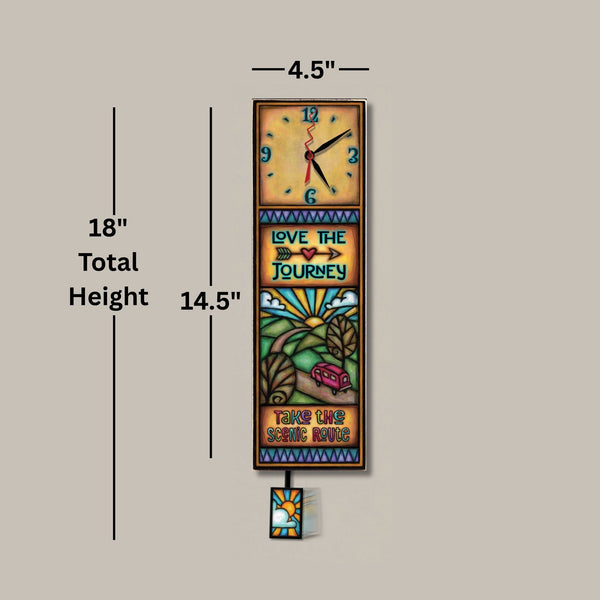 Love the Journey wood wall clock dimensions, 4.5 inch width, 14.5 inch clock body height, 18 inch total height with pendulum