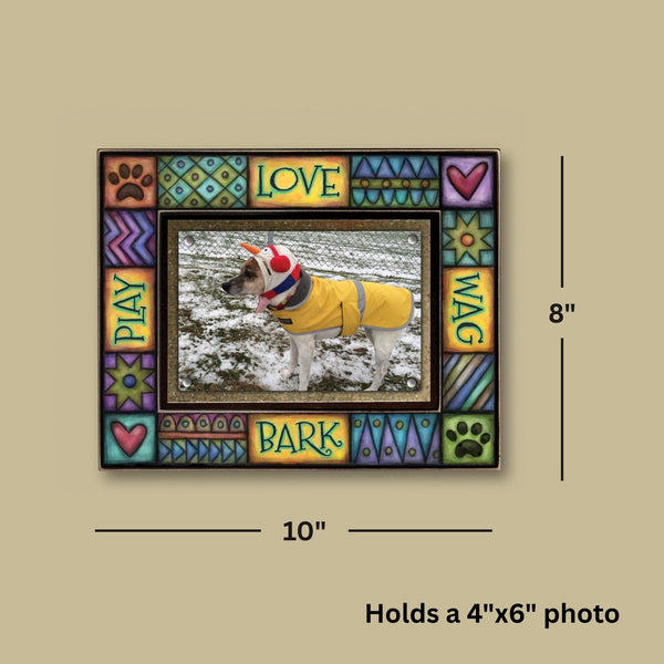 Dog picture frame showing 8 x 10 frame size with 4 x 6 photo opening and quote Love Wag Bark Play.