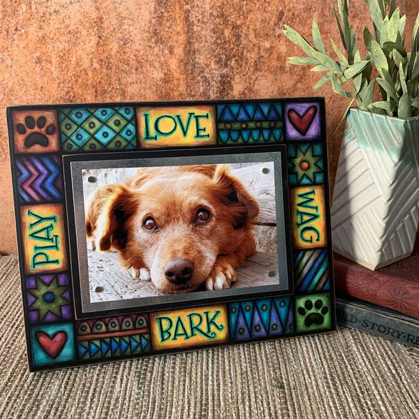 Dog picture frame with quote Love Wag Bark Play displayed with a 4 x 6 dog photo and colorful artwork.
