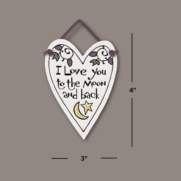 Heart shaped Spooner Creek Mini Charmer ceramic tile showing 3 x 4 inch size, handmade glazed love gift ready for hanging.