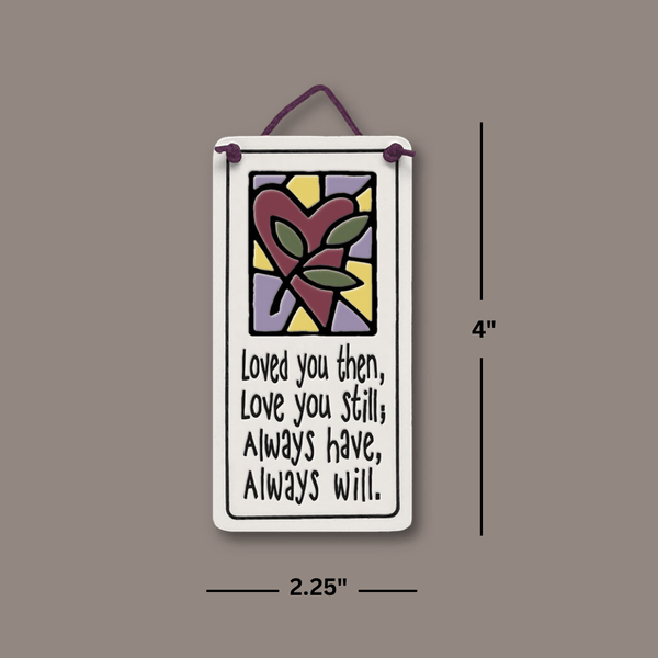 Dimensions view of Spooner Creek mini ceramic tile showing 2 x 4 inch size, love quote artwork, handmade ceramic finish, and ready to hang cord.