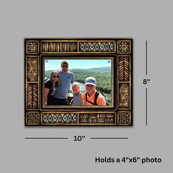 Brown Motif picture frame dimensions shown, 8 x 10 frame holds 4 x 6 photo, horizontal and vertical display options