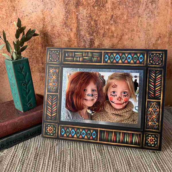 Brown Motif 4x6 picture frame displayed horizontally on shelf, Michael Macone art wood frame home decor