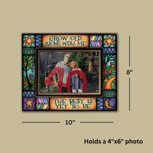 Anniversary picture frame dimensions shown, 8 x 10 frame holds 4 x 6 photo with magnetic display and Michael Macone artwork
