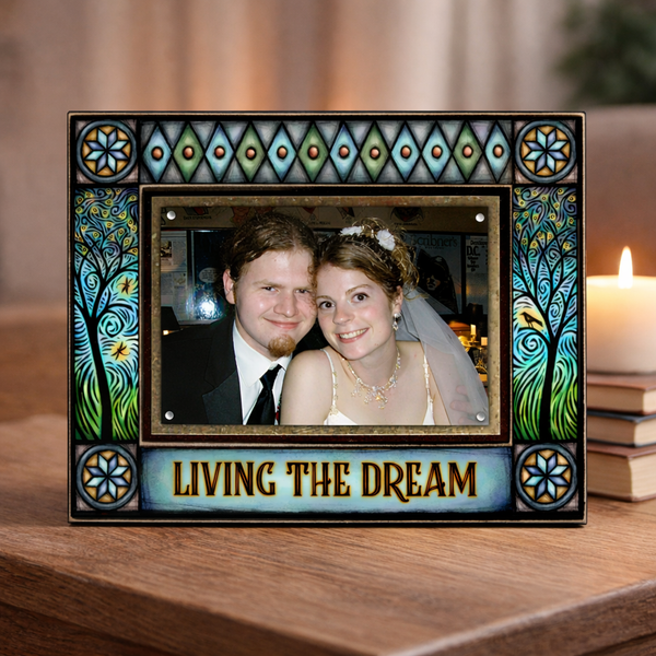 Living The Dream picture frame 4x6 by Macone Clay displayed on table in warm home setting, inspirational wedding gift decor