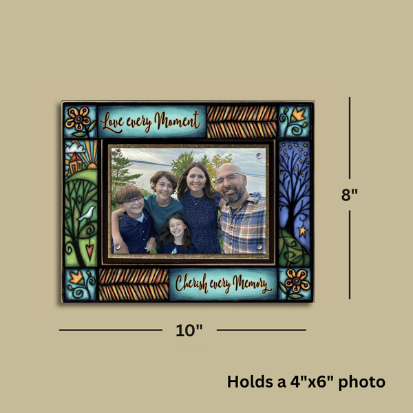 Macone Clay Love Every Moment picture frame dimensions shown, 8x10 frame holds 4x6 photo, horizontal layout with size details displayed