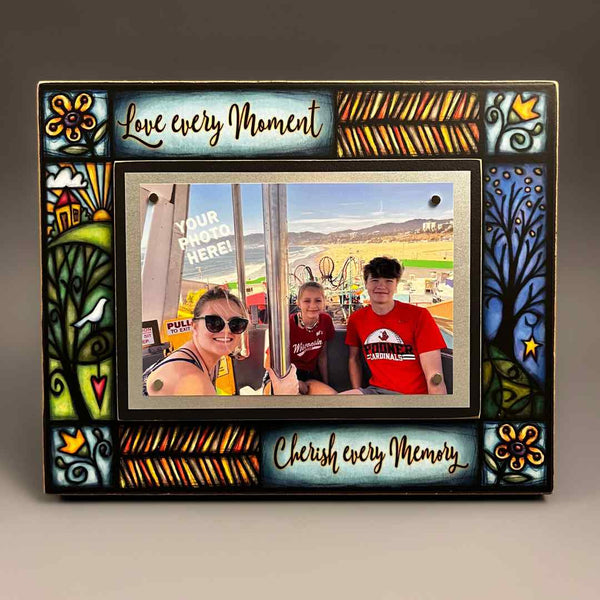 Macone Clay Love Every Moment picture frame isolated on white background, 8x10 wood frame holds 4x6 photo with magnetic display and colorful art