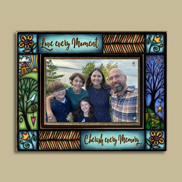Macone Clay Love Every Moment picture frame holds 4x6 photo, colorful Michael Macone art design with magnetic display, 8x10 wood frame