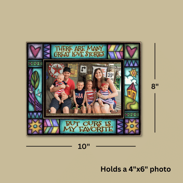 Love picture frame dimensions shown, 8 x 10 frame holds 4 x 6 photo with magnetic display and Michael Macone artwork