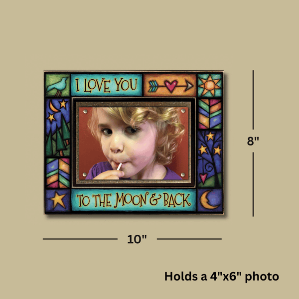 I Love You To The Moon And Back picture frame dimensions shown, 8 x 10 frame holds 4 x 6 photo with horizontal layout size details