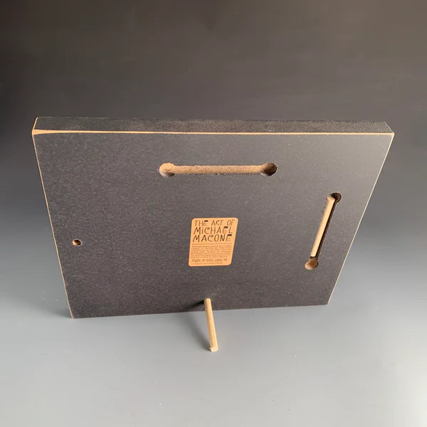Back view of Macone Clay 8x10 picture frame showing wood construction, tabletop peg stand and wall hanging slot for versatile display options.
