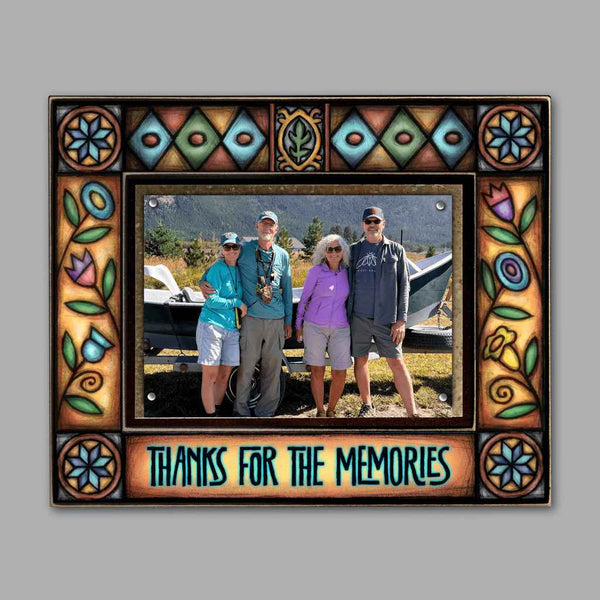 4x6 picture frame with the quote Thanks for the Memories in colorful folk art by Michael Macone, a retirement or farewell gift