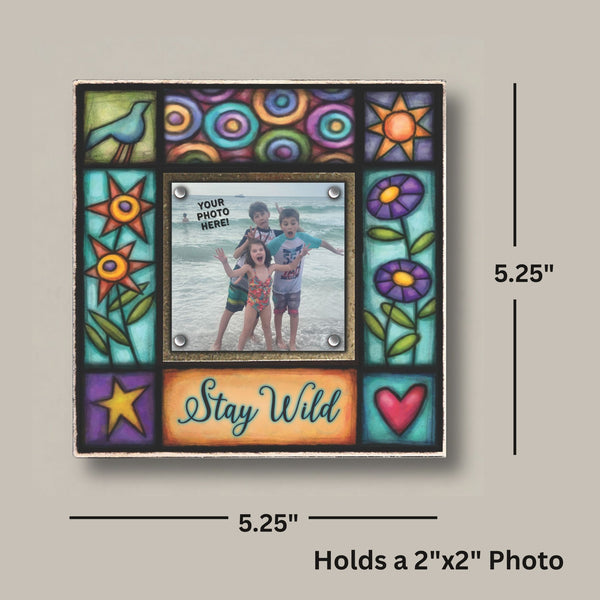 Mini picture frame dimensions showing 5.25 x 5.25 wood frame with 2x2 photo opening, Stay Wild, Macone Clay
