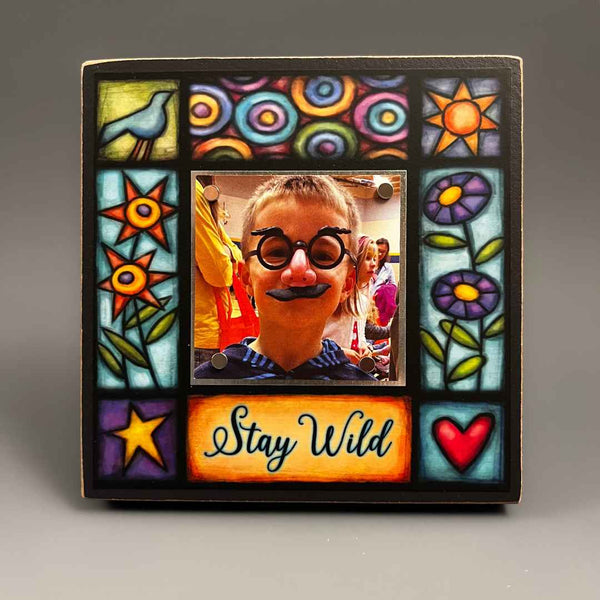 Mini picture frame with quote Stay Wild, colorful Michael Macone artwork, magnetic photo display, Macone Clay