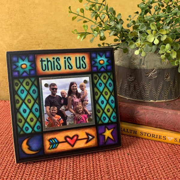 Mini picture frame with quote This Is Us, colorful Michael Macone artwork, magnetic photo display, Macone Clay