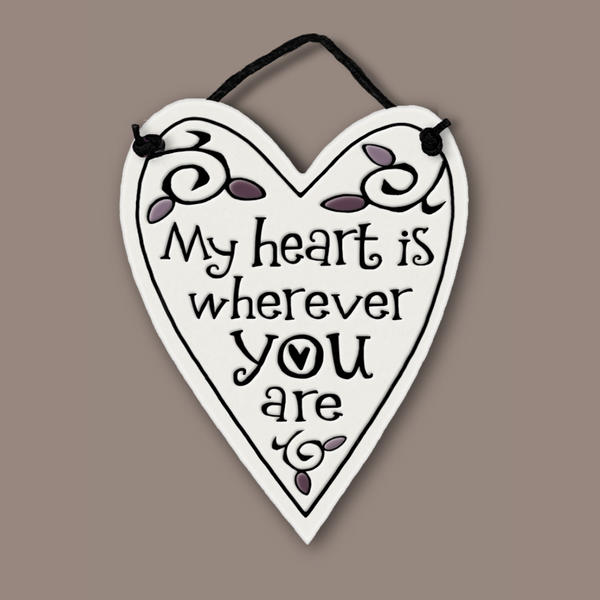 Handmade Spooner Creek heart mini charmer ceramic tile with quote My heart is wherever you are, featuring black script lettering and heart shape, ready for hanging