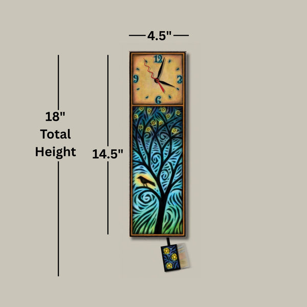 Night Bird Tree wood wall clock dimensions, 4.5 inch width, 14.5 inch clock body height, 18 inch total height with pendulum