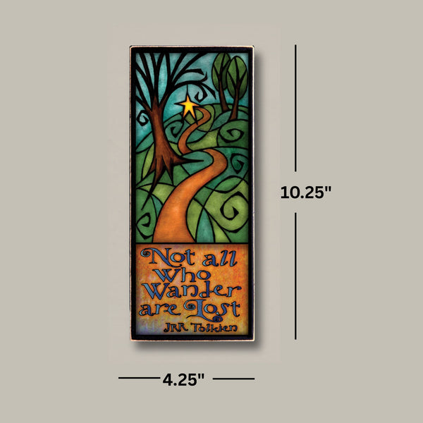 Not all who wander are lost wood quote plaque dimensions showing 4.25 x 10.25 inch wood art by Michael Macone handmade in Wisconsin