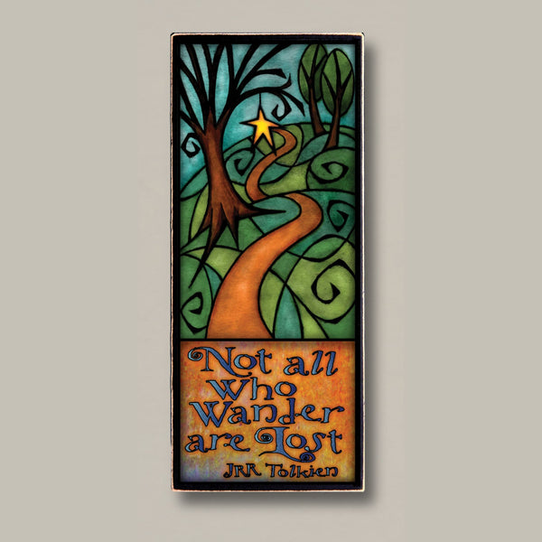 Not all who wander are lost JRR Tolkien wood quote plaque with stained glass inspired winding path and star artwork by Michael Macone handmade in Shell Lake Wisconsin