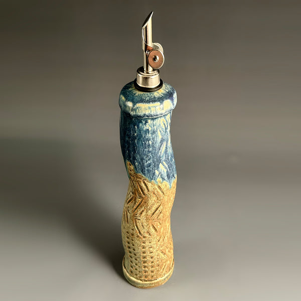 Olive and blue handmade stoneware olive oil cruet with curved pour spout, ceramic oil dispenser by Macone Clay, rustic kitchen accessory