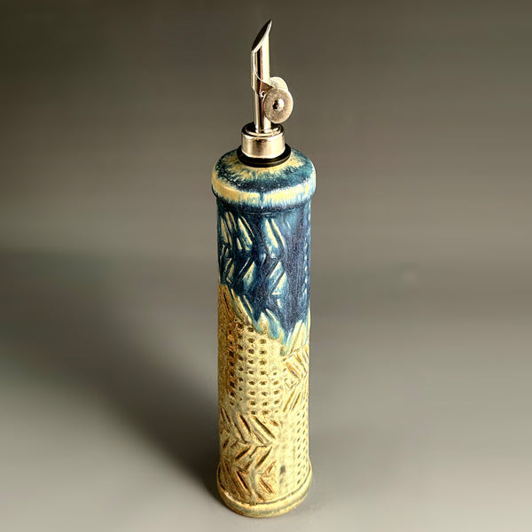 Olive and blue handmade stoneware olive oil cruet with straight pour spout, ceramic oil dispenser by Macone Clay, artisan kitchen accessory