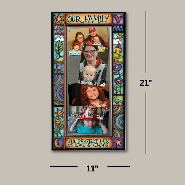 Large multi photo frame showing 11 x 21 frame size holding four 4 x 6 photos with quote Our family the perfect mix of chaos and love.