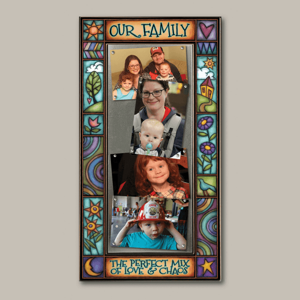 Large multi photo family frame featuring the quote Our family the perfect mix of chaos and love with colorful Michael Macone artwork and four 4 x 6 photos.