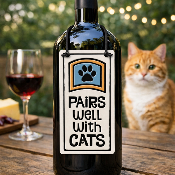 Spooner Creek Pairs Well With Cats ceramic wine tag hanging from a wine bottle with black cord and tied knots, styled indoors with an orange cat resting nearby
