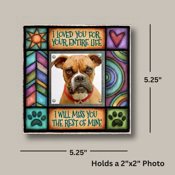 Pet memorial picture frame dimensions showing small square frame with Michael Macone artwork and 2 x 2 photo opening for pet remembrance