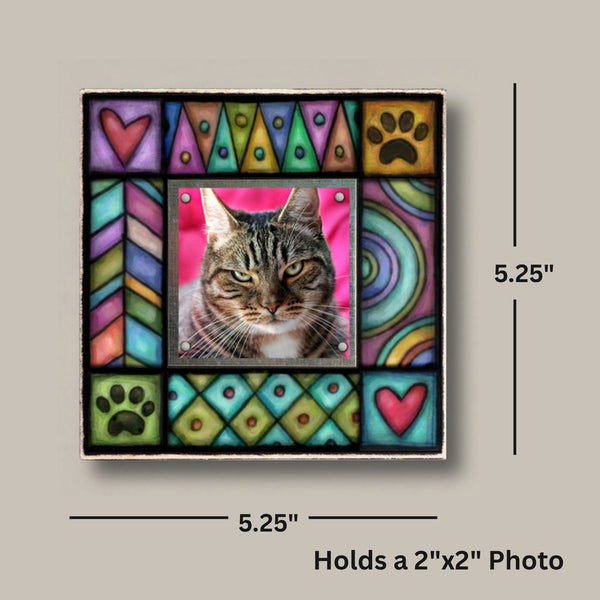 Pet picture frame paw print design dimensions, small square picture frame with Michael Macone artwork and 2 x 2 photo opening for pet photos