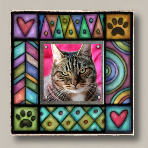 Pet picture frame with paw print design by Michael Macone, small square picture frame with magnetic photo display and colorful artwork for dog and cat lovers