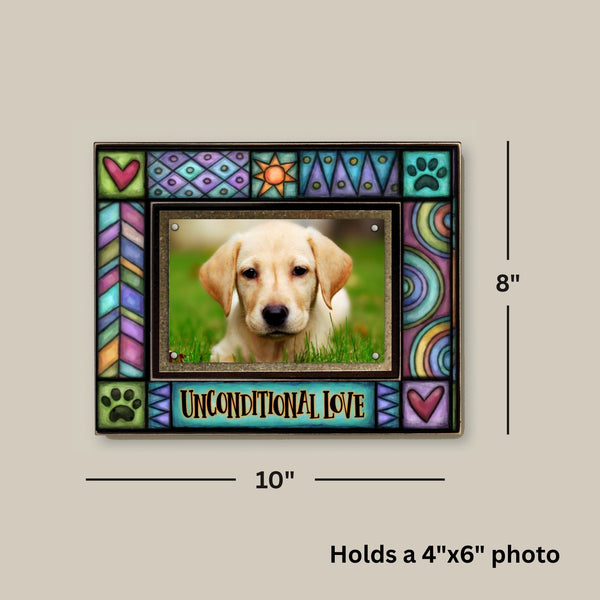 8 x 10 pet picture frame designed to hold a 4 x 6 photo featuring colorful Michael Macone artwork and quote Unconditional Love.