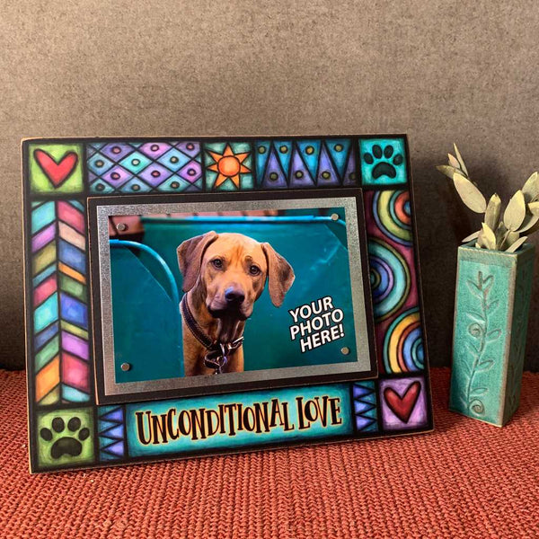 Pet picture frame with quote Unconditional Love displayed on a shelf featuring colorful Michael Macone artwork and magnetic 4 x 6 photo display.