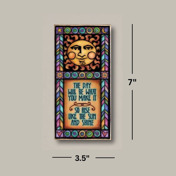 Rise like the sun and shine wood quote plaque dimensions showing 3.5 x 7 inch rectangular wood art by Michael Macone handmade in Wisconsin