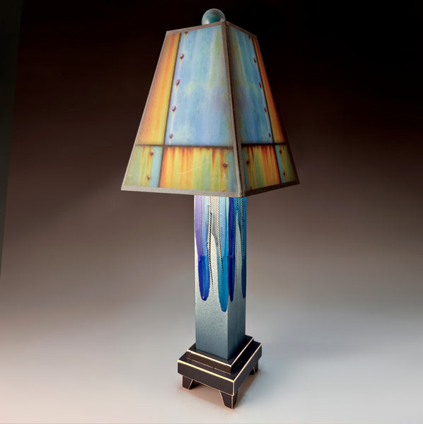 Ross Collage ceramic table lamp with blue straight clay base, melted glass accents, Macone art shade, and 3-way lighting, handmade in USA.