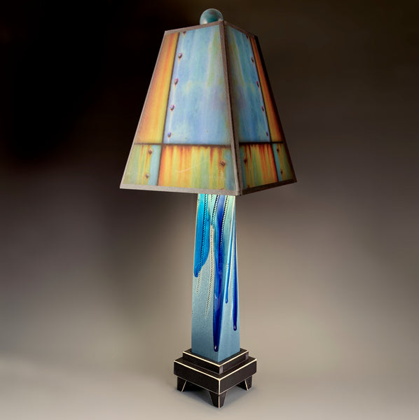 Ross Collage ceramic table lamp with blue twisted clay base, melted glass accents, Macone art shade, and 3-way lighting, handmade in USA.