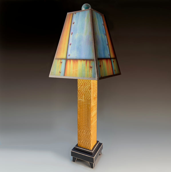 Ross Collage ceramic table lamp with brown stoneware base, melted glass accents, Macone art shade, and 3-way lighting, handmade in USA.