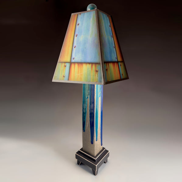 Ross Collage ceramic table lamp with gray straight clay base, melted glass accents, Macone art shade, and 3-way lighting, handmade in USA.
