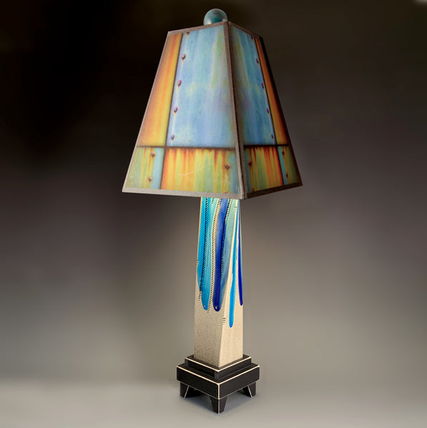Ross Collage ceramic table lamp with gray twisted clay base, melted glass accents, Macone art shade, and 3-way lighting, handmade in USA.